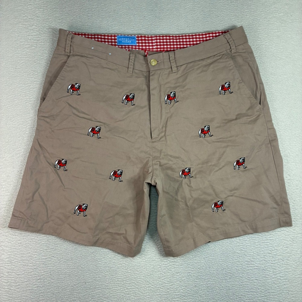 Pennington Bailes Stadium Shorts Men 38x9 Khaki UGA Georgia Bulldogs AOP Chino